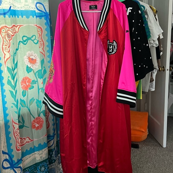 Dressed in LALA Jackets & Blazers - Dressed in LALA Two-Tone Red and Hot Pink Varsity Satin Jacket